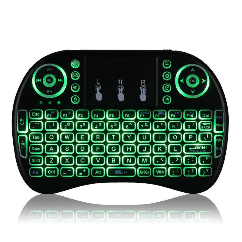 Schwarze kabellose Mini-QWERTY-Tastatur mit Touchpad und grüner LED-Hintergrundbeleuchtung und Multimediatasten