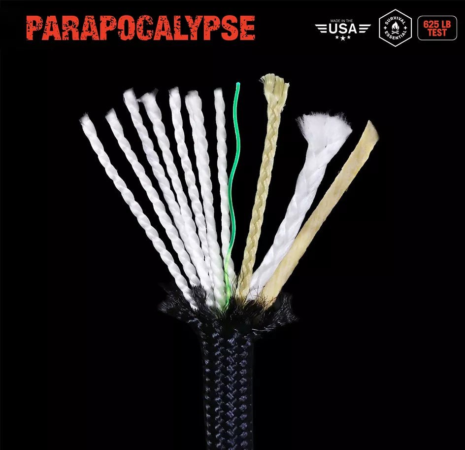 Infografika linki Atwood Parapocalypse - 11 wewnętrznych żył (woskowany jute, kevlar, żyłka, linka) wysuniętych z czarnego oplotu na czarnym tle