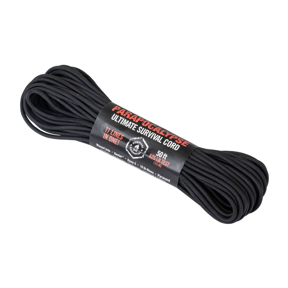 Zwój czarnej linki survivalowej Atwood Rope Parapocalypse 625 z etykietą 11 lines in one, 50 ft / 15 m, wytrzymałość 625 lb