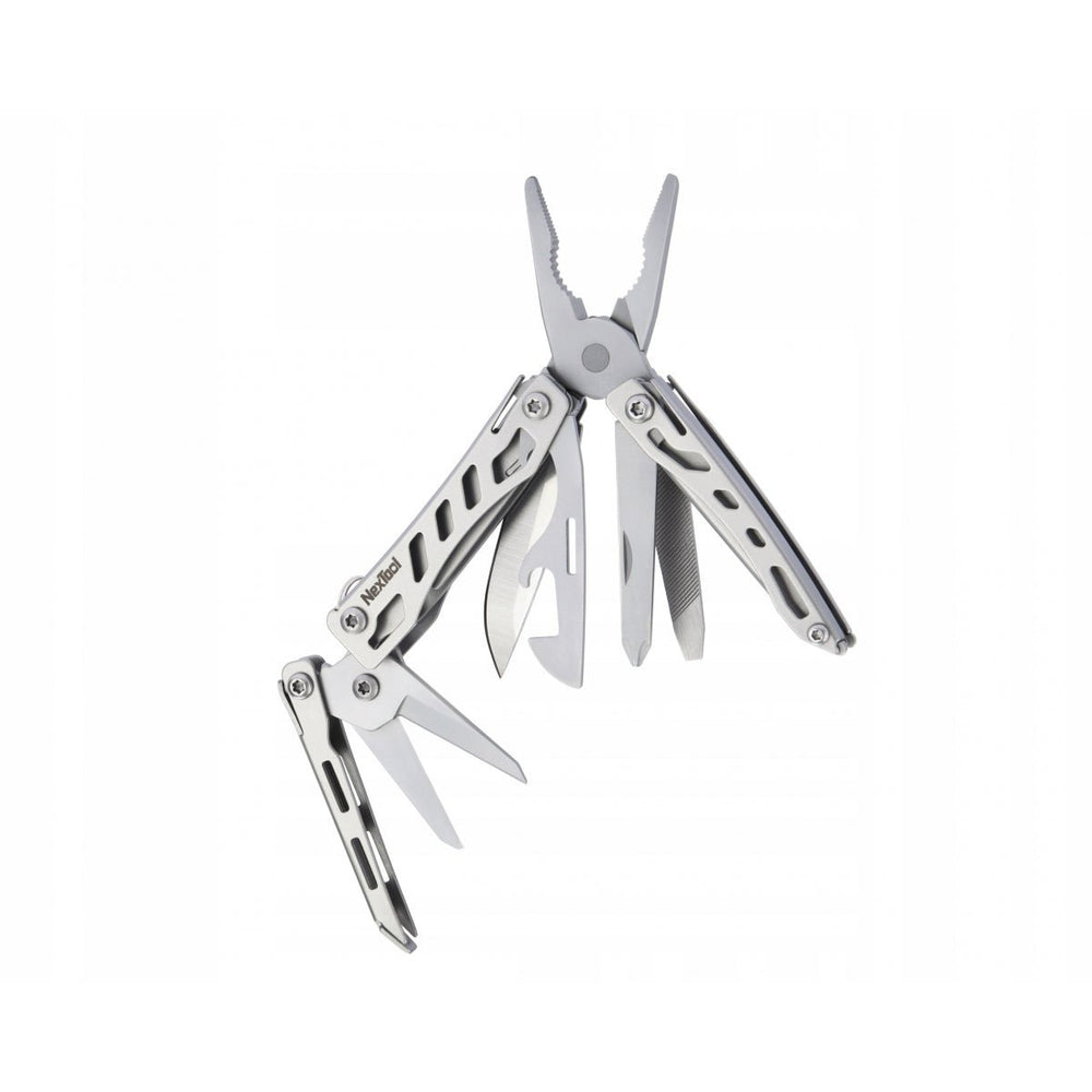 Multitool NexTool Mini Flagship ze stali nierdzewnej, rozłożony w wachlarz - widoczne szczypce, ostrze, nożyczki, pilnik, otwieracz i śrubokręt