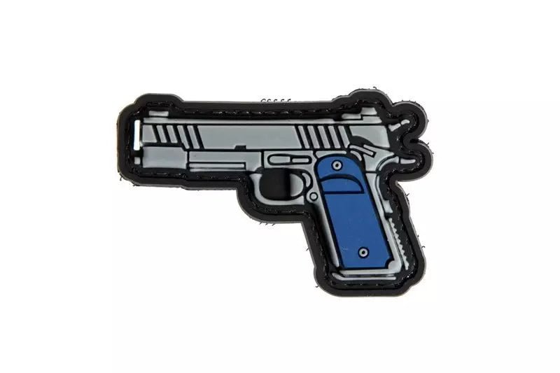 3D-PVC-Patch in Form einer Pistole, silbergrau mit blauen Griffschalen