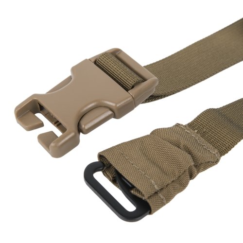 Helikon-Tex Bandicoot waist pack (coyote) - close-up of the webbing strap with the side-release buckle open and a black D-ring at the end, on white