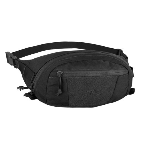 Helikon-Tex Bandicoot Cordura waist pack in black - a tactical hip bag with zippered compartments, a webbing strap with a buckle and a velcro panel on the front, on white