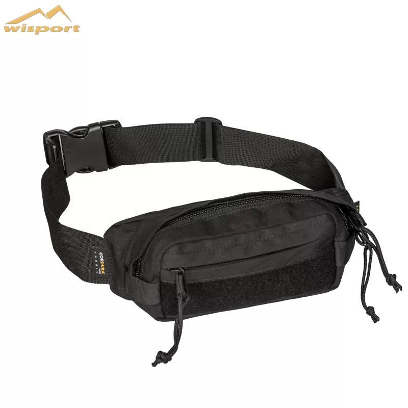 Black Wisport TOKE hip pack made of Cordura fabric - a zippered pocket, a front Velcro panel, paracord zipper pulls and an adjustable waist strap with a quick-release buckle, the Wisport logo in the corner, on a white background