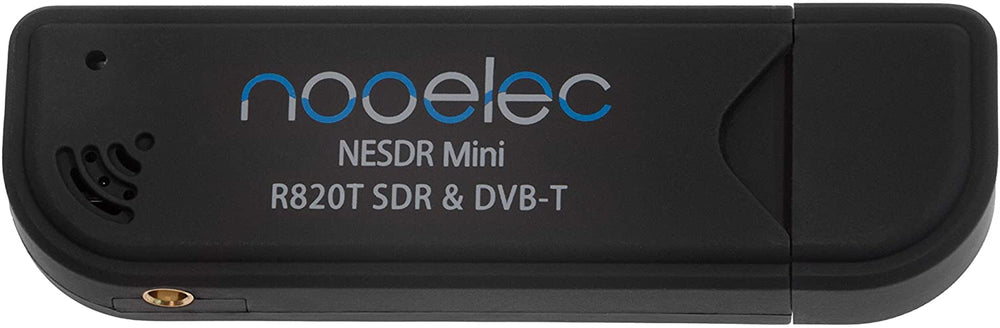 Black Nooelec NESDR Mini R820T SDR receiver with USB cap and MCX antenna connector, front view