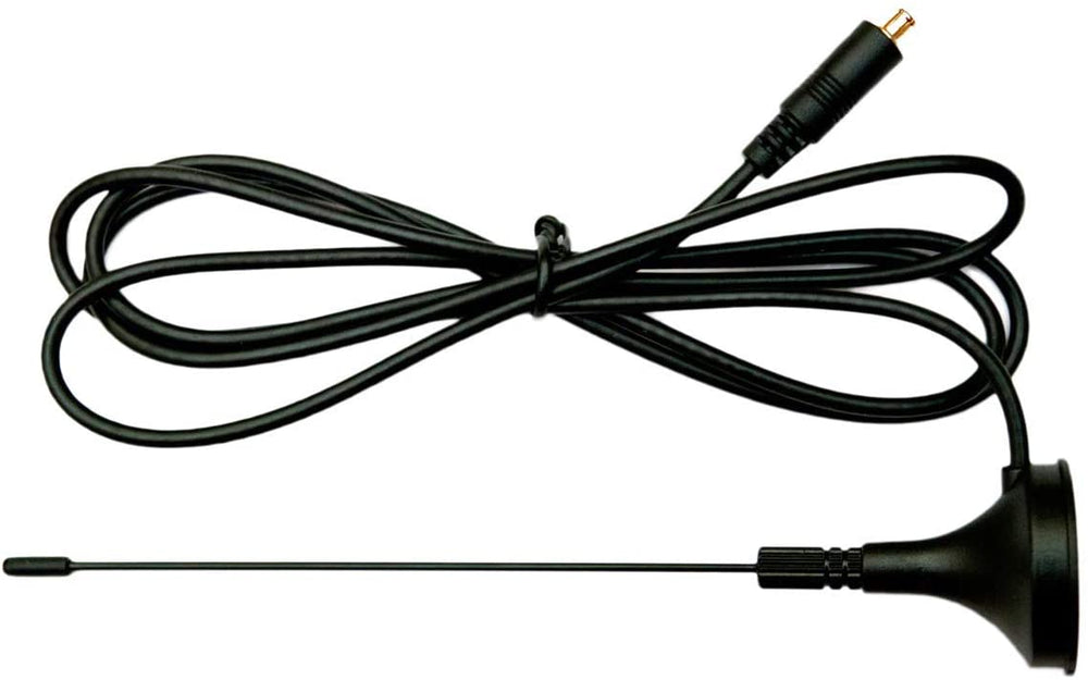 Small black telescopic antenna with a magnetic base and a cable with MCX connector included with the Nooelec SDR receiver