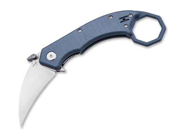 Böker Plus HEL Karambit Klappmesser in Blaugrau, geöffnet - gebogene Satin-Hawkbill-Klinge, blaugrauer G10-Griff mit achteckigem Fingerring, Seriennummer 0001, auf weißem Hintergrund