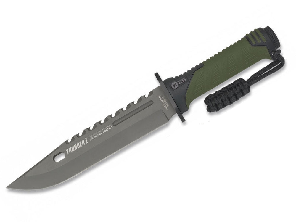 Großes K25 Thunder I Taktikmesser mit feststehender grauer Clip-Point-Klinge mit Sägerücken, einem grünen Gummigriff und einem Paracord-Lederband