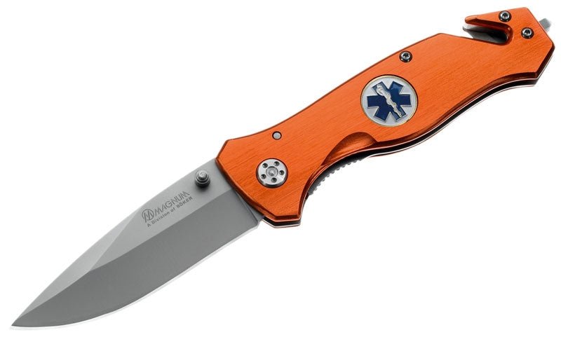 Klappbares Magnum Medic (Boker) Rettungsmesser mit satinierter Klinge, orangefarbenem Aluminiumgriff mit Lebensstern-Symbol, Gurtschneider-Haken und einem Glasbrecher