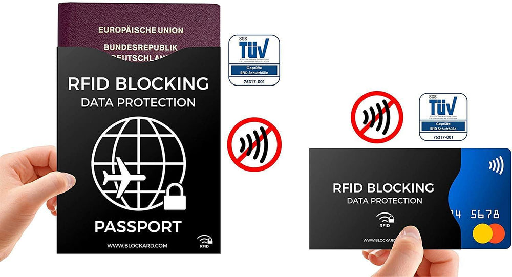 RFID- und NFC-Blocker-Reisepass- und Kartenhüllen in den Händen gehalten - mit einem Reisepass der Europäischen Union und einer Zahlungskarte, NFC-Blockier-Symbole und TÜV