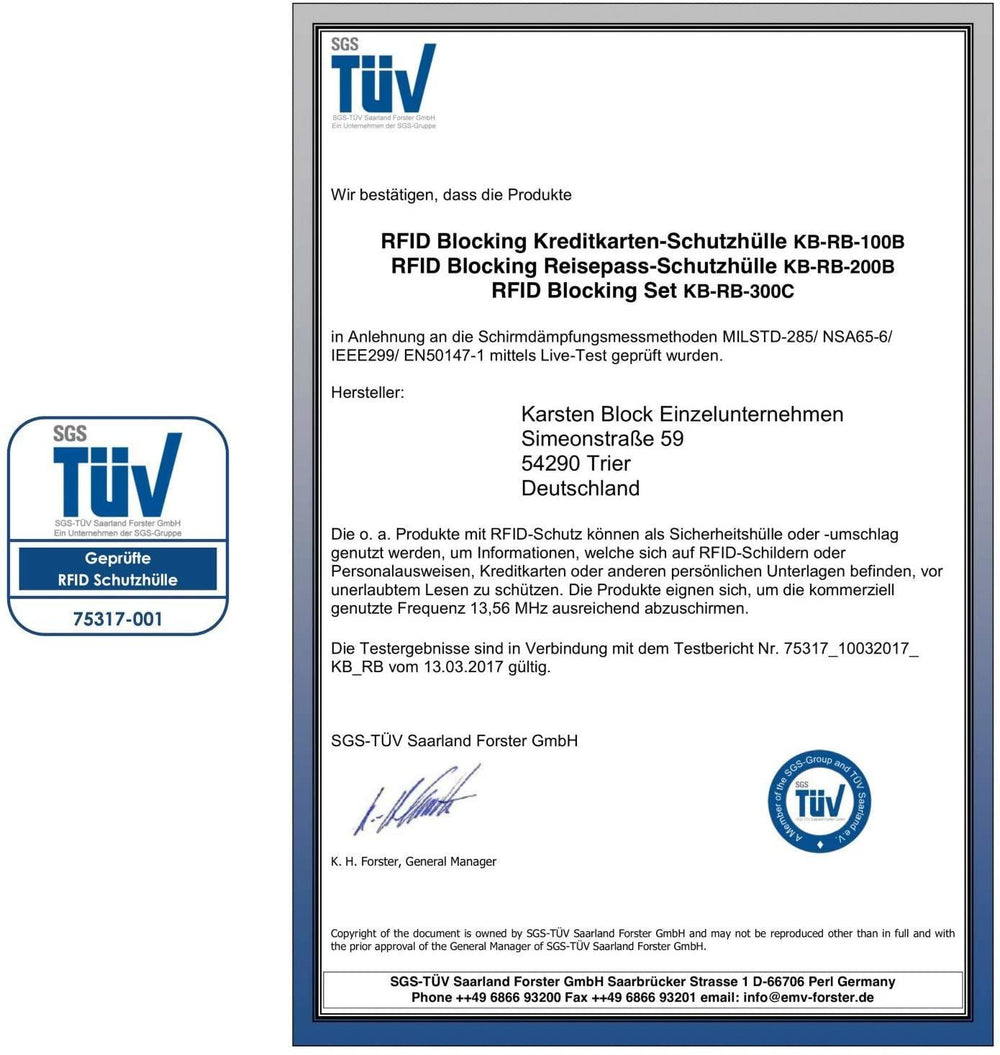 SGS-TÜV-Zertifikat, das die Wirksamkeit der RFID- und NFC-Blocker-Hüllen bestätigt - getestet bei 13,56 MHz nach den Normen MILSTD-285 und IEEE299