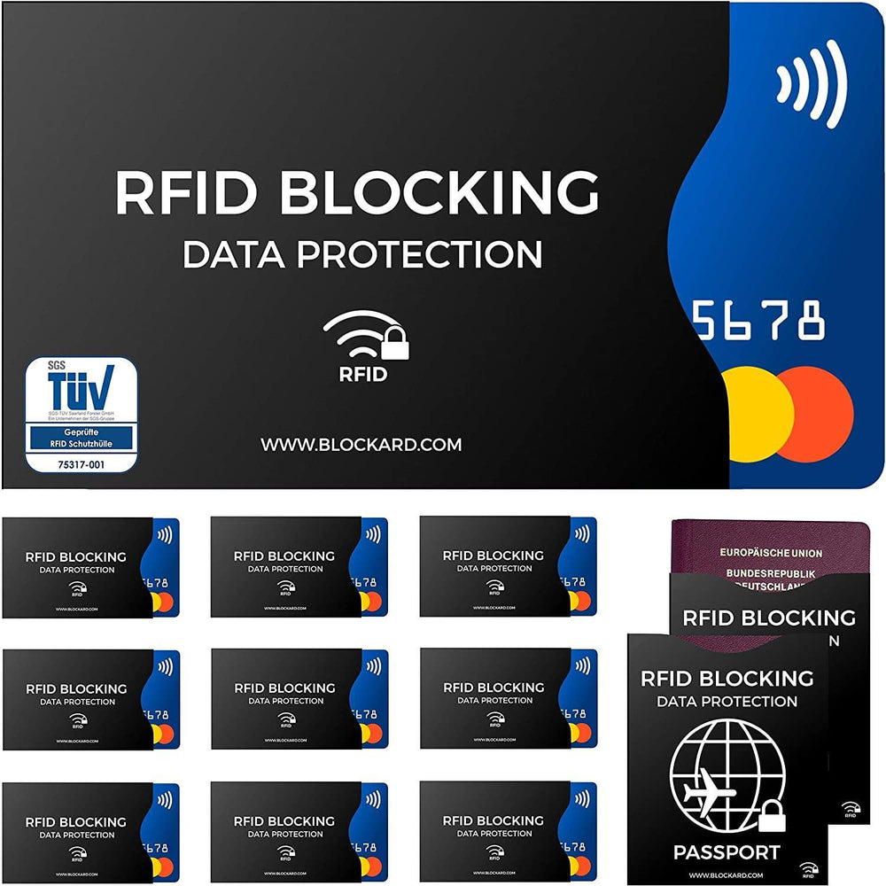 RFID- und NFC-Blocker-Schutzhüllen-Set - schwarze Karten- und Reisepasshüllen, die das kontaktlose Signal blockieren, mit Kartengrafik und TÜV-Zertifikat