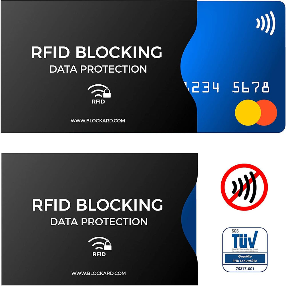 Nahaufnahme einer schwarzen RFID- und NFC-Blocker-Hülle mit eingeschobener kontaktloser Karte, NFC-Signalblockier-Symbol und TÜV-Zertifikat