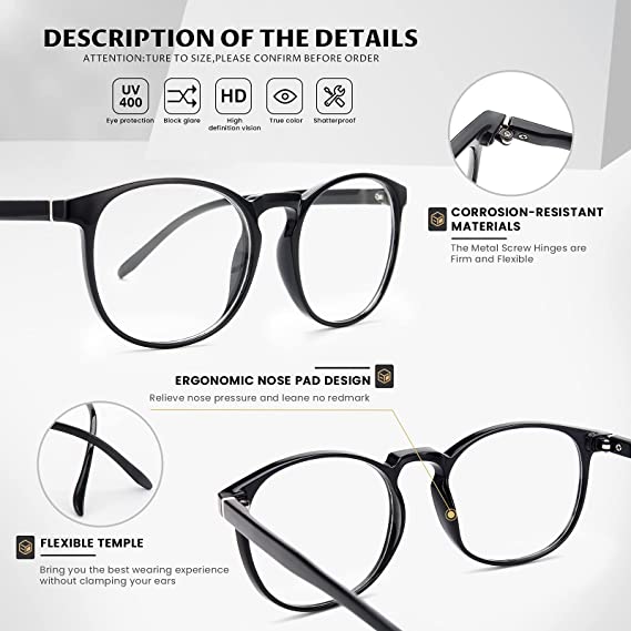 Infografik der Eigenschaften der schwarzen Brille - UV400-Schutz, Blendungsreduzierung, HD-Gläser, korrosionsbeständige Materialien, ergonomische Nasenpads und flexible Bügel