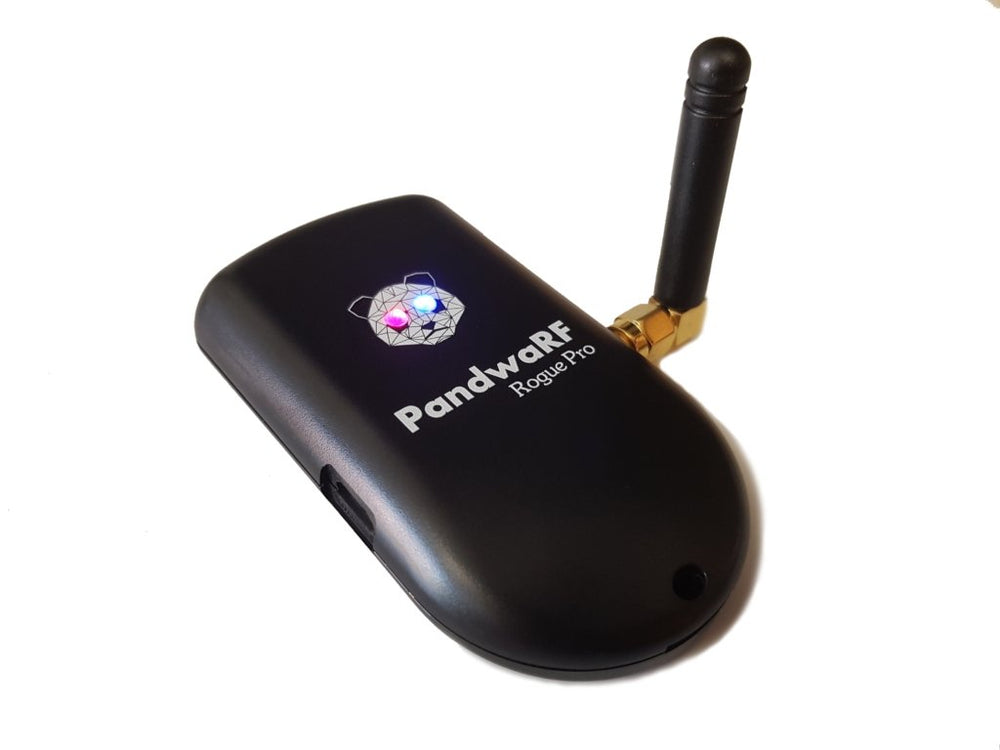 Black PandwaRF Rogue Pro RF device with an attached antenna and glowing LEDs in the panda logo, angled view