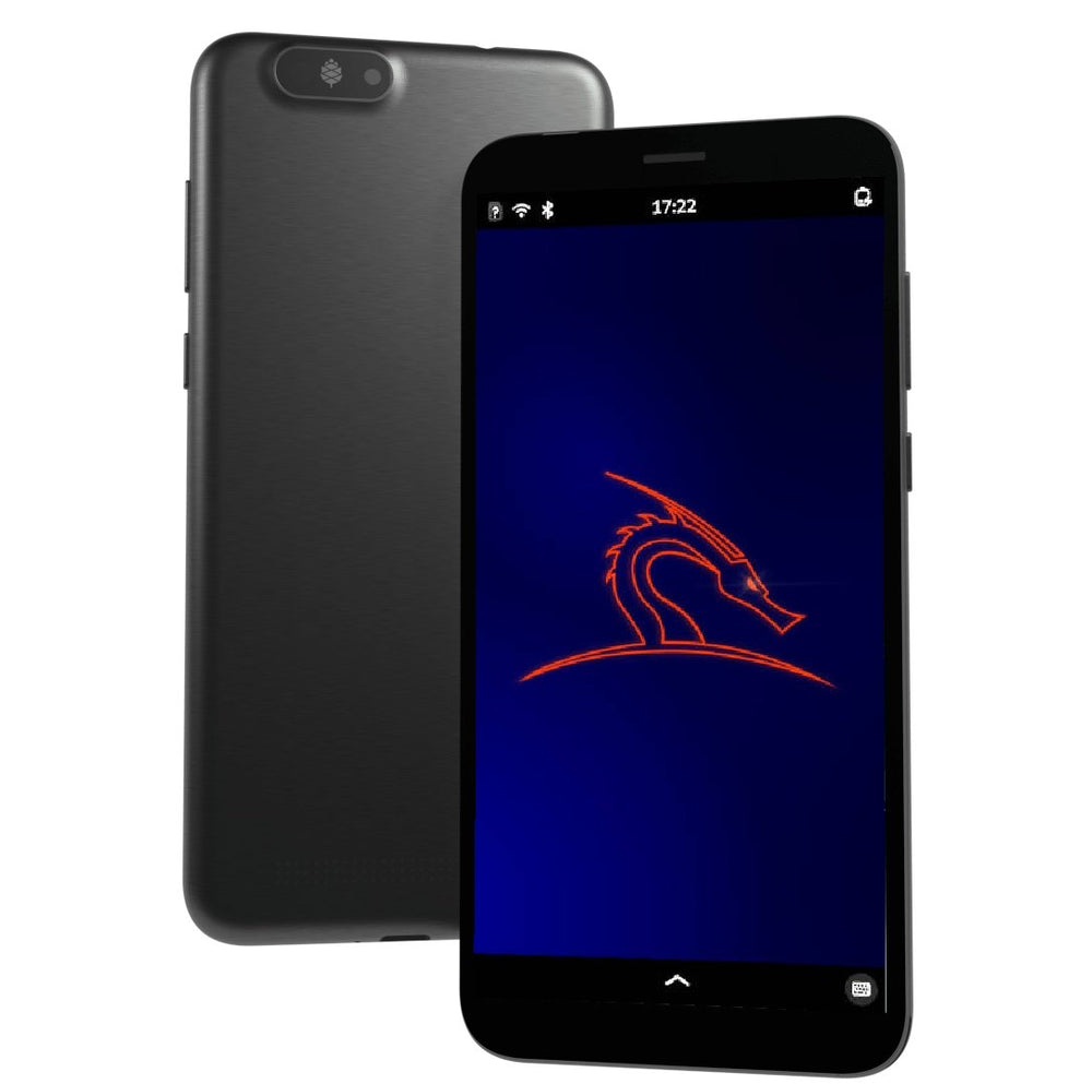 PinePhone Pro - two phones: the graphite back with a camera module and, at the front, a screen showing the red Kali Linux dragon on a dark blue background, time 17:22