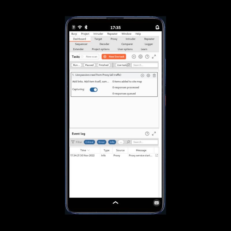 PinePhone Pro running Kali NetHunter - the screen shows the Burp Suite dashboard with Dashboard, Target, Proxy tabs, a Tasks panel with a Live passive crawl task and an event log, time 17:35
