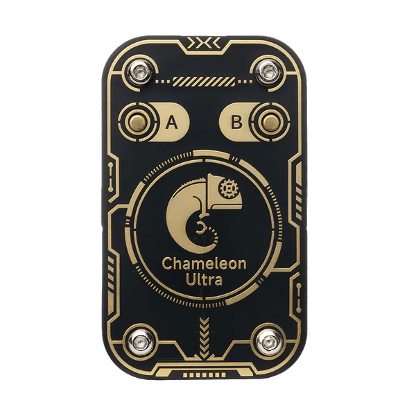 ProxGrind Chameleon Ultra widziany z przodu - czarne urządzenie ze złotym zdobnym wzorem płytki w stylu tech, dwa przyciski oznaczone A i B, centralne złote logo kameleona z napisem Chameleon Ultra, na białym tle