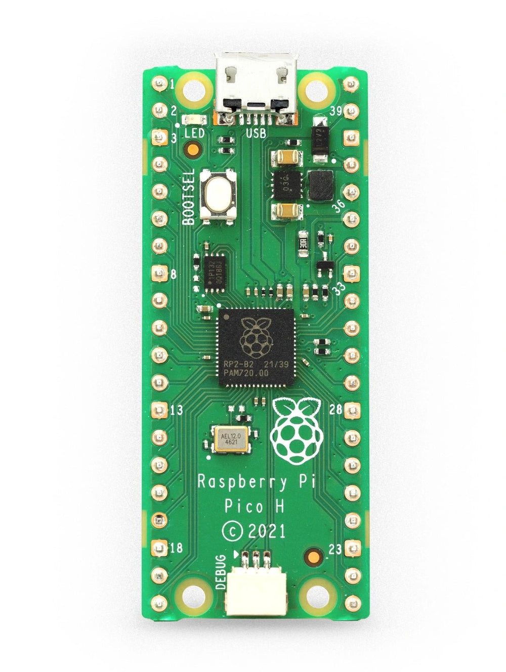 Raspberry Pi Pico H - widok z góry zielonej płytki z układem RP2040, przyciskiem BOOTSEL, diodą, złączem DEBUG i opisami pinów, na białym tle
