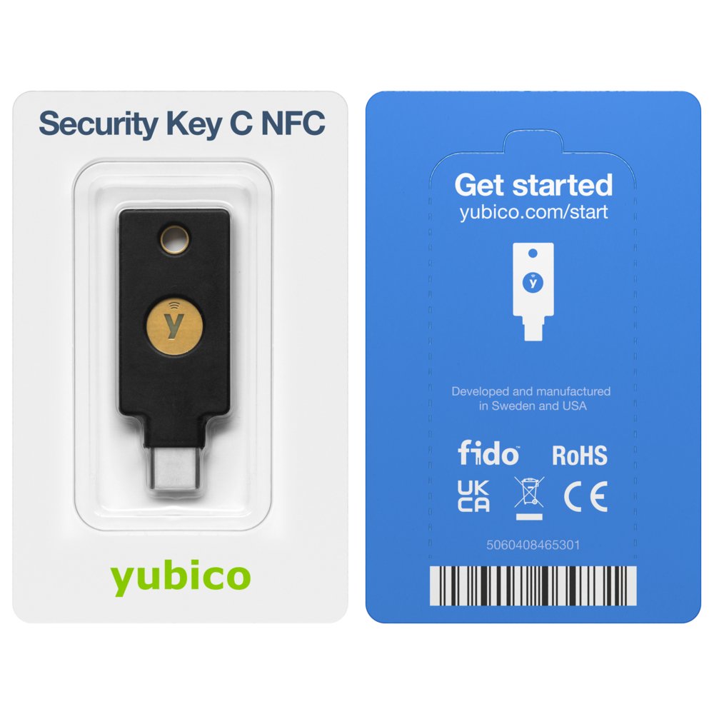 Yubico Security Key C NFC Blister mit einem schwarzen USB-C-Schlüssel, Vorder- und Rückseite der Verpackung mit FIDO-Kennzeichnung und Get-started-Anleitung