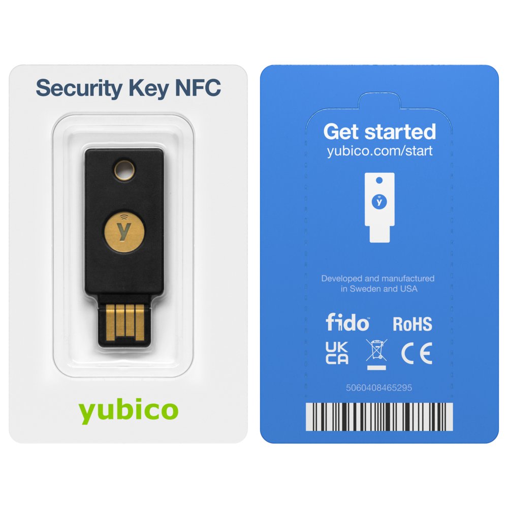 Černý bezpečnostní klíč Yubico Security Key NFC s USB-A a zlatým tlačítkem v blistru, přední a zadní strana obalu s označením FIDO