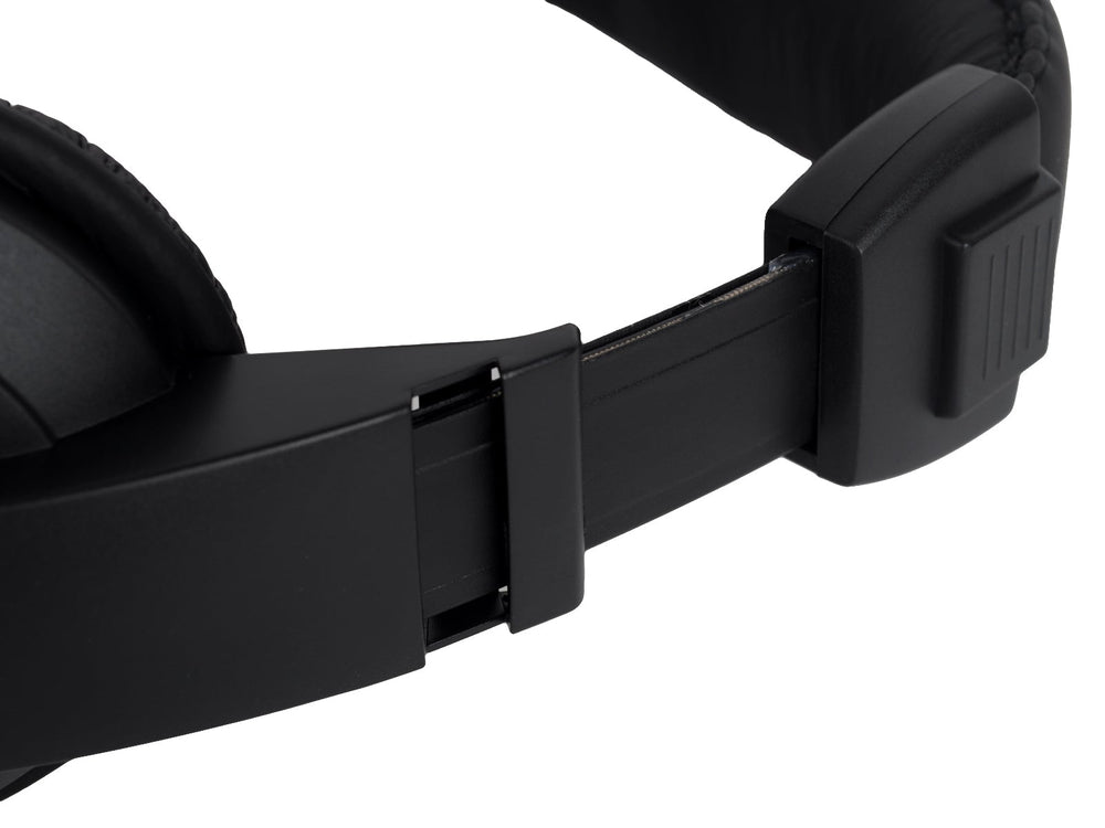Close-up of the headband length adjustment mechanism of the black over-ear Baofeng K-HW01 headphones