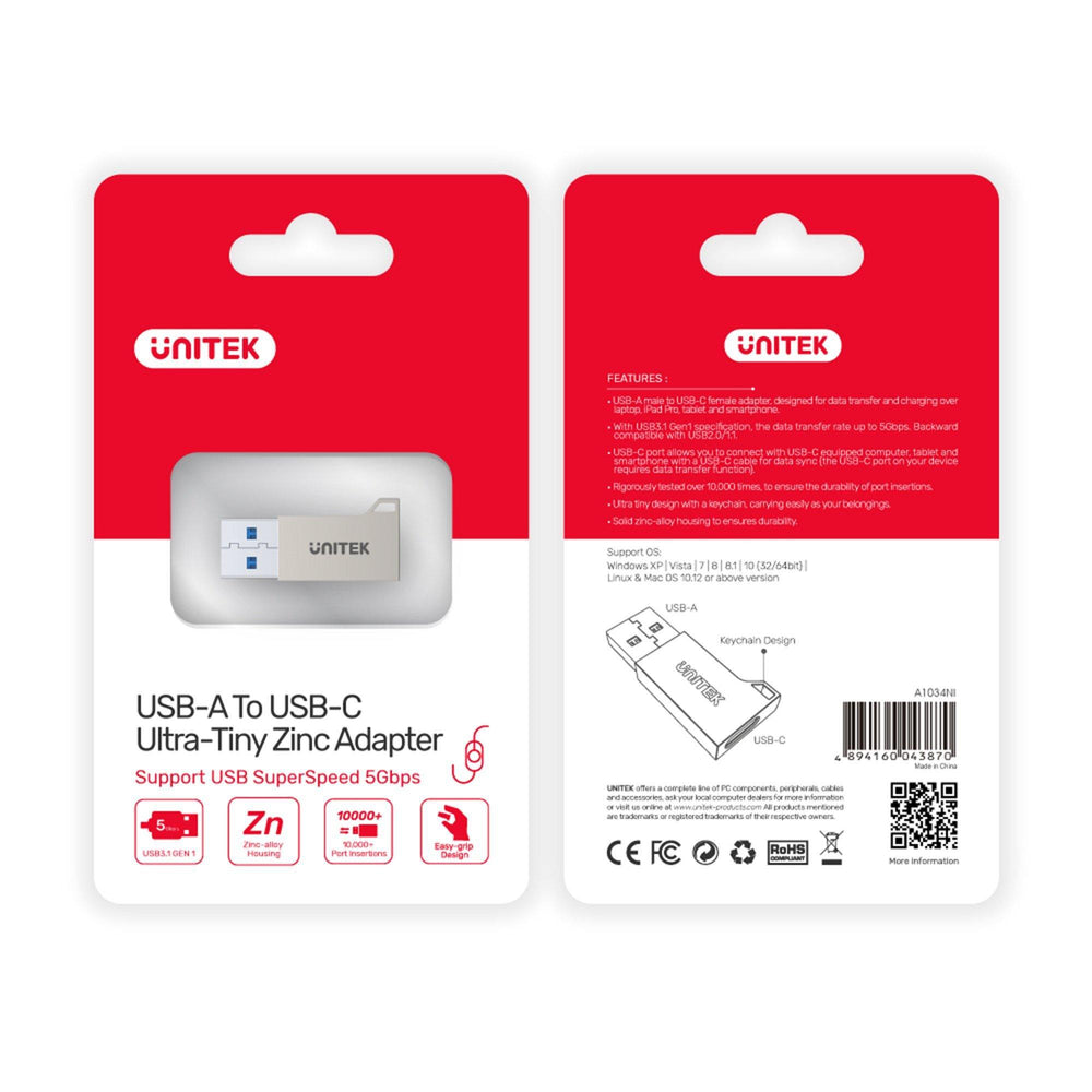 Przód i tył biało-czerwonego blistra Unitek USB-A to USB-C Ultra-Tiny Zinc Adapter ze specyfikacją i diagramem