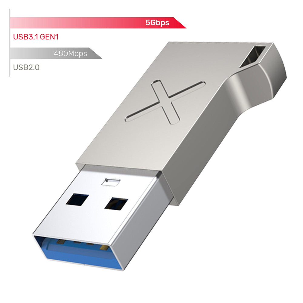 Srebrny adapter USB-A na USB-C Unitek z porównaniem prędkości USB 3.1 Gen 1 5 Gbps do USB 2.0 480 Mbps