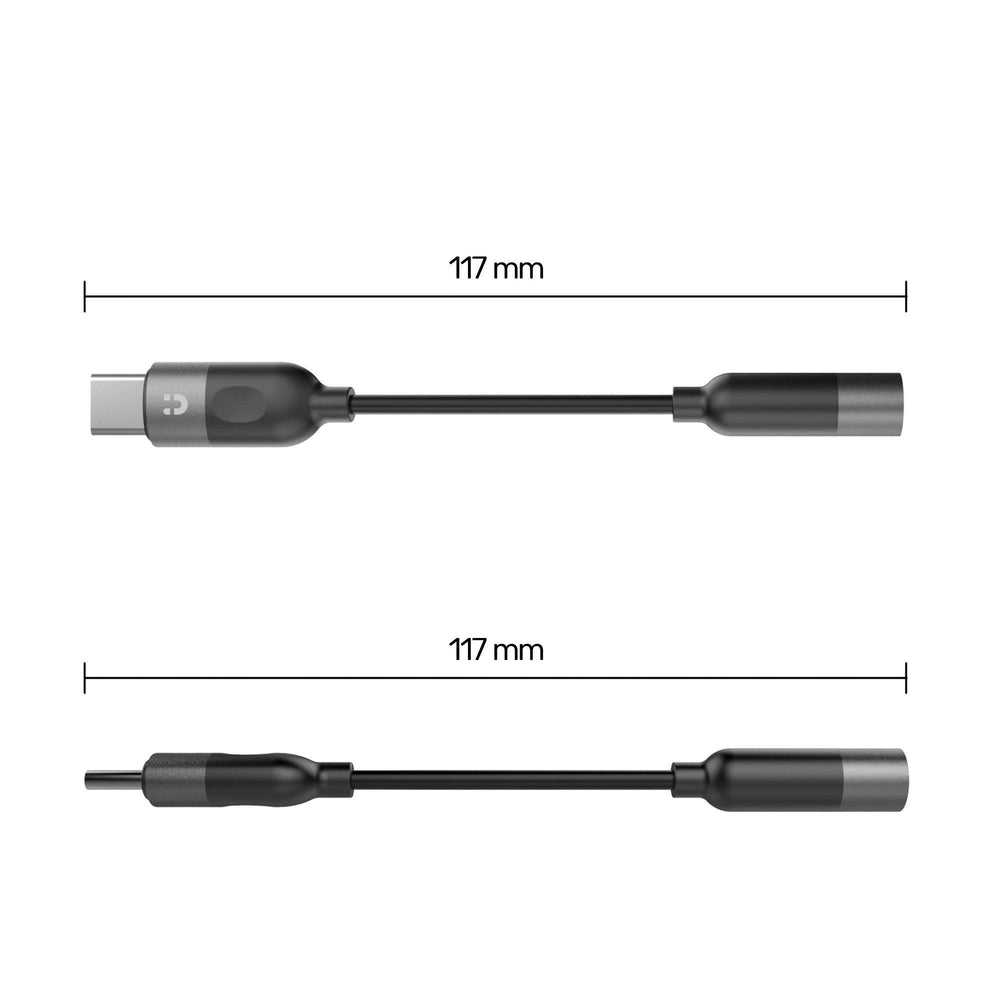 Dimensions infographic of the Unitek USB-C to 3.5 mm audio adapter - two views of the black adapter, 117 mm length