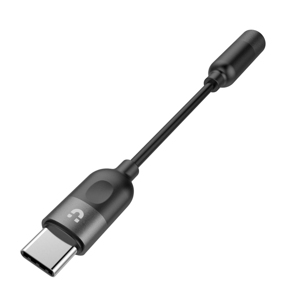 Black Unitek audio adapter with USB-C plug and 3.5 mm jack socket, diagonal view, UNITEK logo