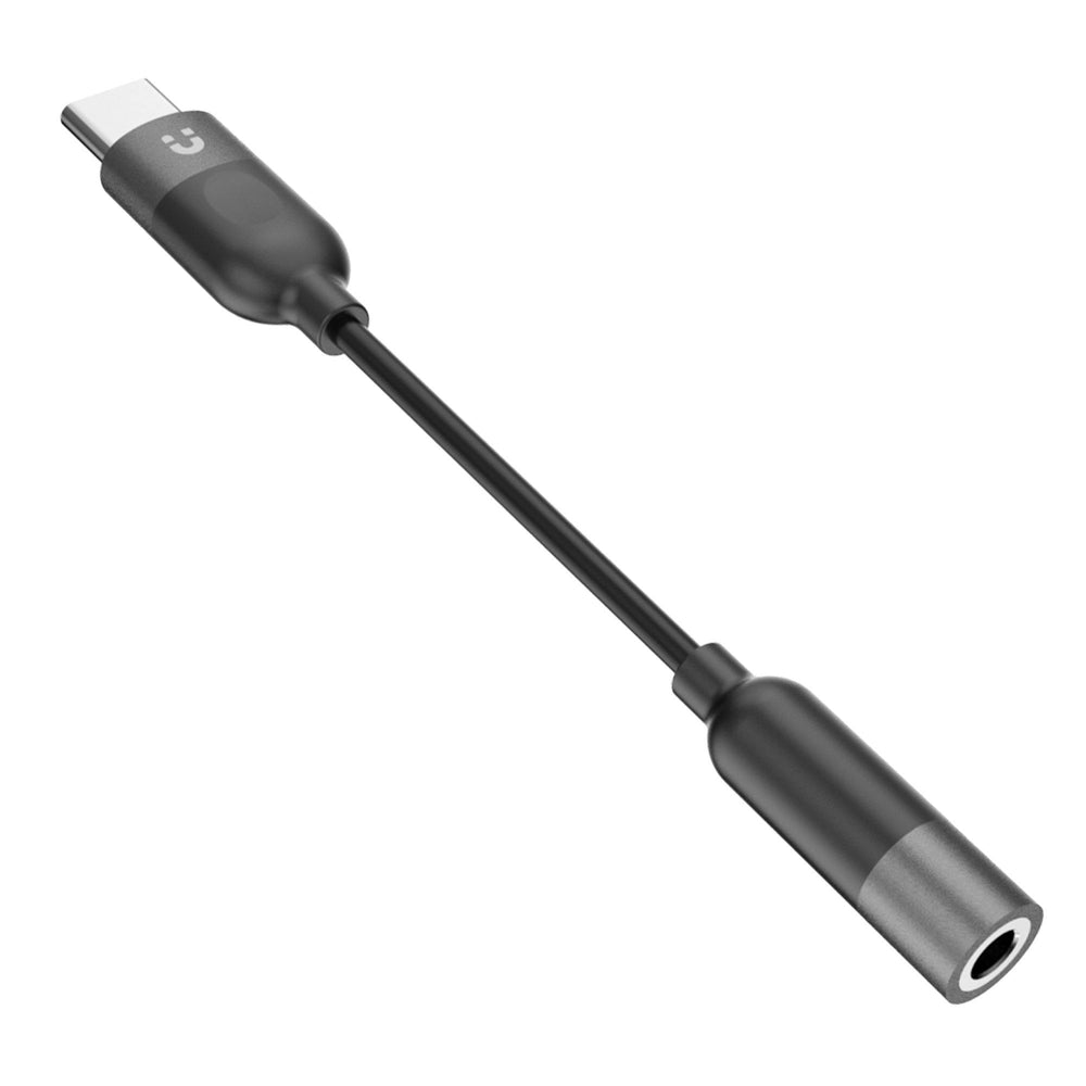 Black Unitek audio adapter with USB-C plug and 3.5 mm jack socket, angled view, UNITEK logo