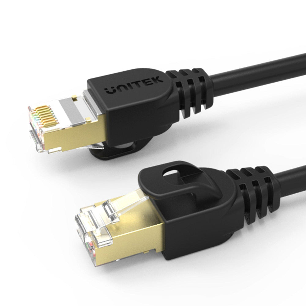 Black Unitek Cat.7 5 m network cable with two shielded RJ45 plugs, UNITEK logo, white background