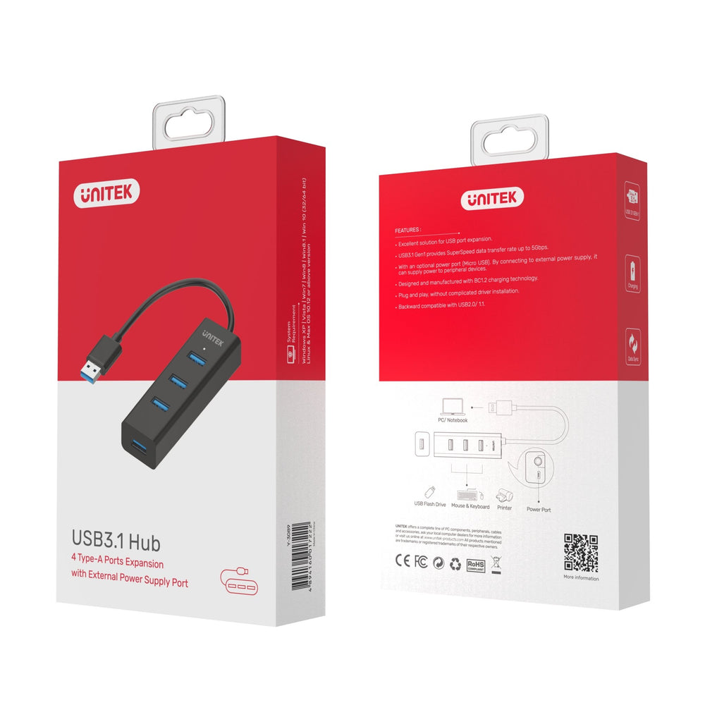 Vorder- und Rückseite der weiß-roten Verpackung des schwarzen Unitek USB3.1 Hub 4 Type-A mit Spezifikationen und Diagramm