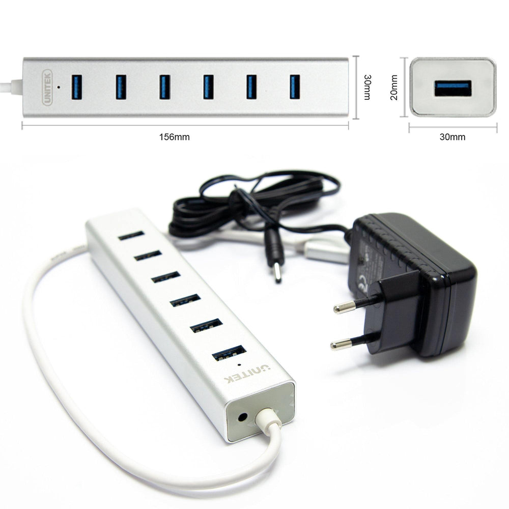 Dimensions infographic of the Unitek Y-3090 hub (156x30x20 mm) with the hub and a black power adapter with an EU plug