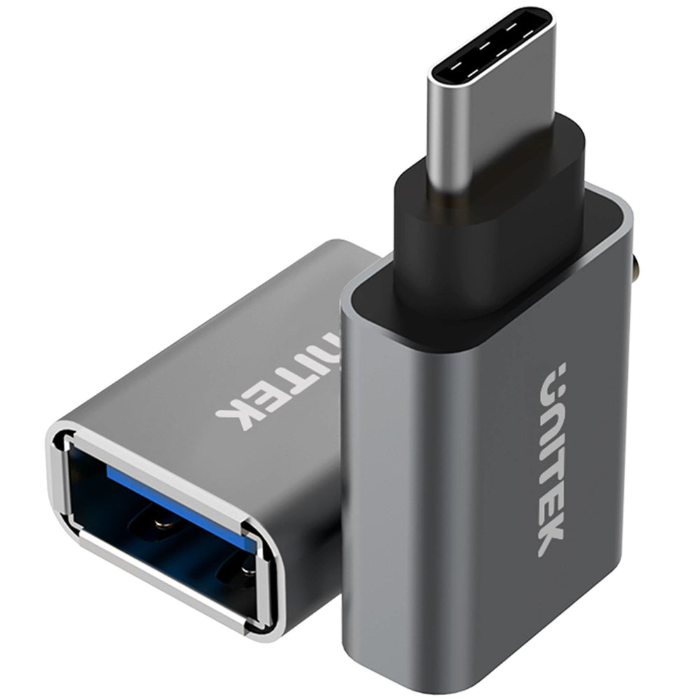 Two gray Unitek Y-A025CGY OTG adapters USB-C to USB-A 3.0, USB-C plug and USB-A socket visible, UNITEK logo