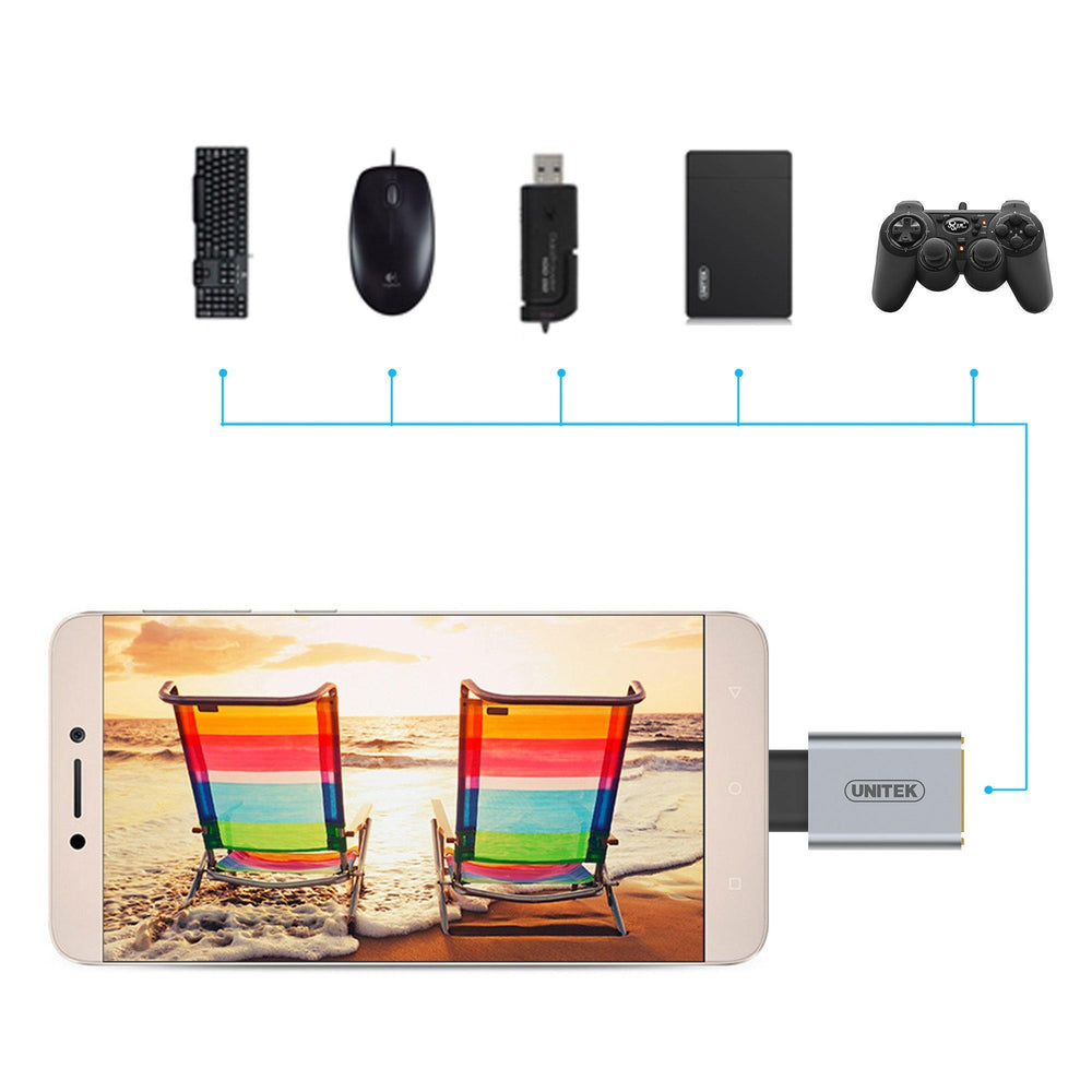 Compatibility infographic of the Unitek Y-A025CGY OTG adapter - supports a keyboard, mouse, flash drive, external drive and controller in a smartphone
