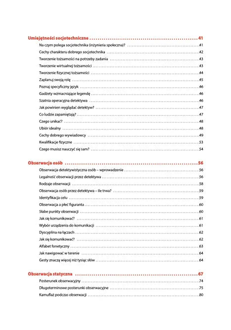Kolejna strona spisu treści książki Zawód Detektyw - rozdziały Umiejętności socjotechniczne, Obserwacja osób i Obserwacja statyczna z podpunktami i numerami stron