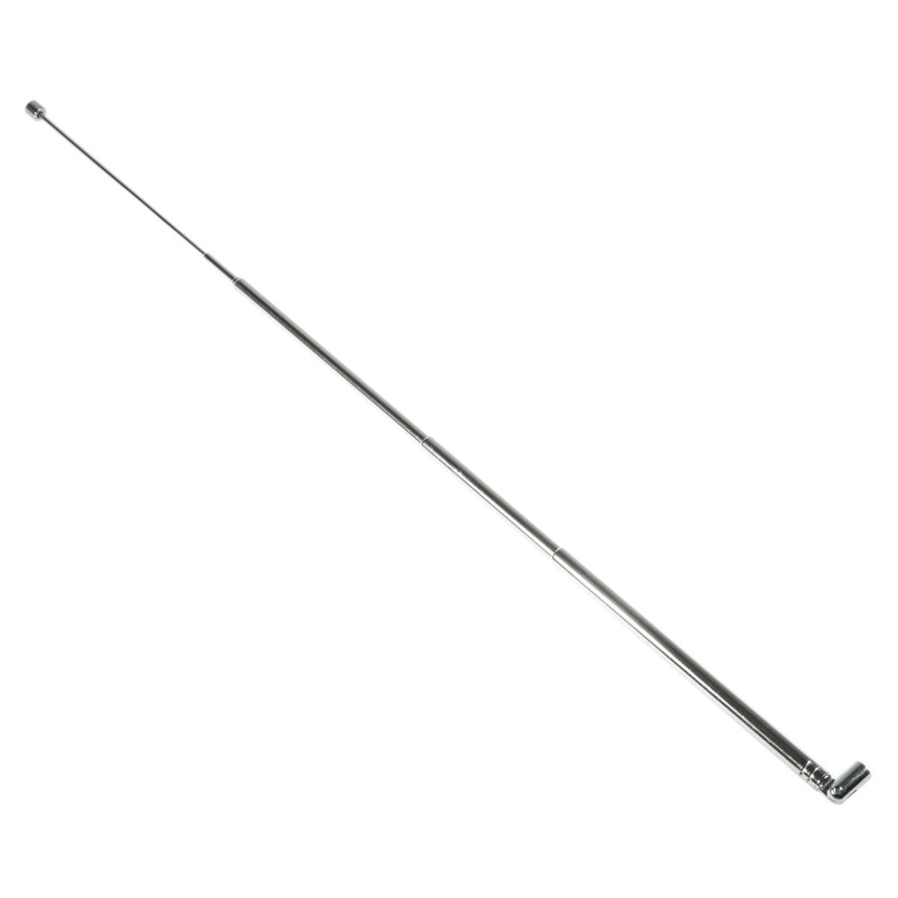 Extended silver telescopic antenna from the Nooelec NESDR SMArt v4 RTL-SDR kit, with a hinge at the base