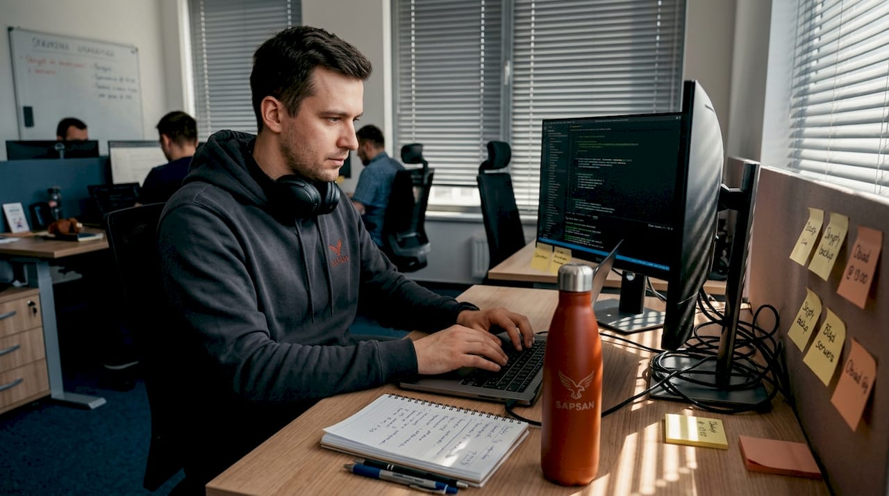 Mężczyzna w szarej bluzie pisze na laptopie przy biurku w biurze open space, słuchawki na szyi, pomarańczowa butelka SAPSAN z logo orła, monitor z kodem i otwarty notatnik.