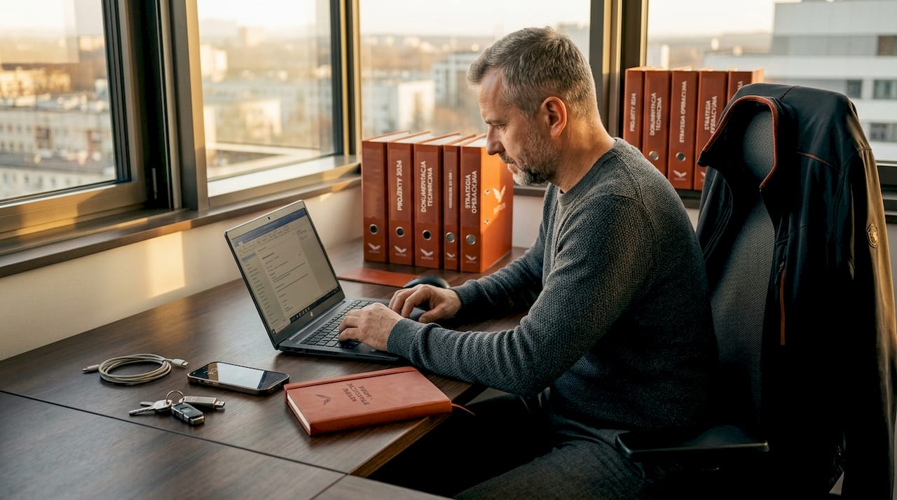 A man with a graying beard in a gray sweater works on a laptop at a wooden desk, a sunlit city beyond the window, with orange binders, a smartphone, keys with a USB drive and a notebook nearby.