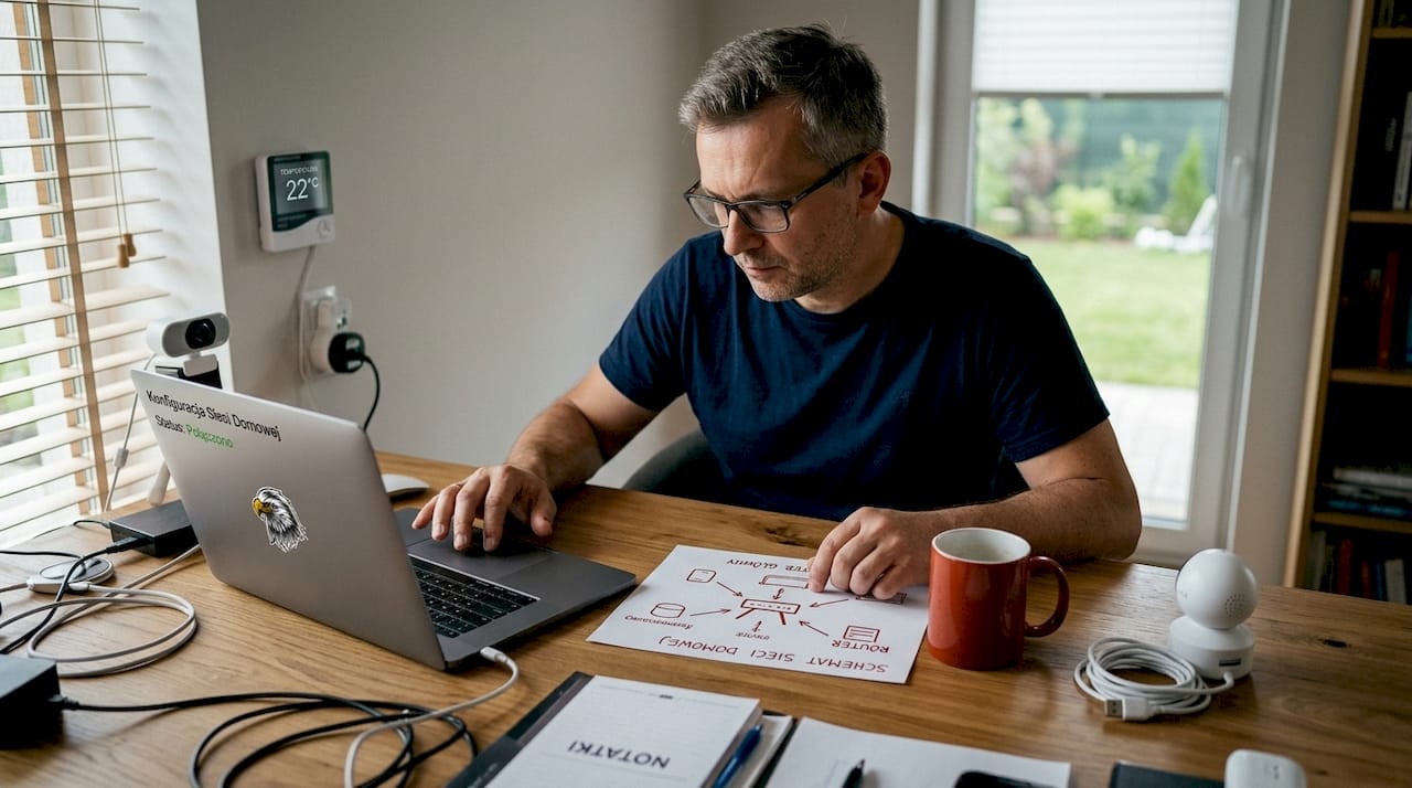 Mężczyzna w okularach i granatowej koszulce pracuje na laptopie z naklejką orła SAPSAN przy drewnianym biurku, obok biała kamera IP, czerwony kubek i odręczny schemat sieci domowej z routerem.