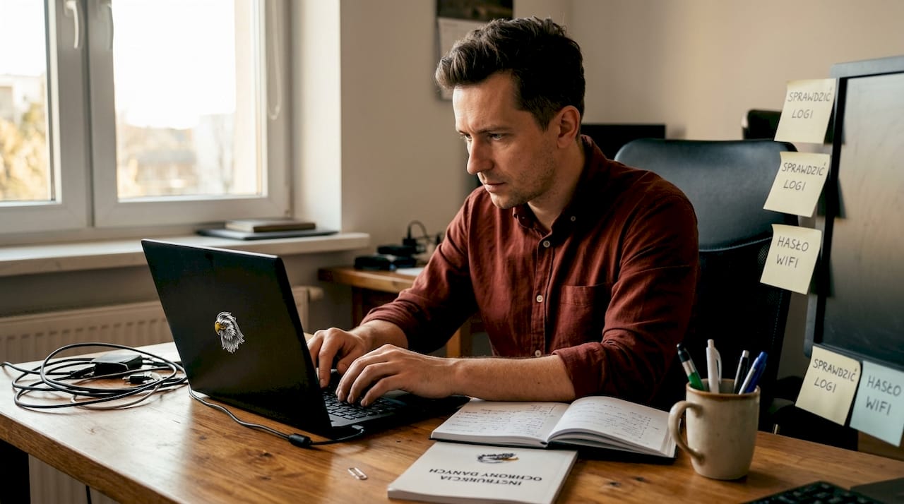 Man in a dark red shirt types on a black laptop with a SAPSAN eagle sticker at a wooden desk, an open notebook and a data-protection manual beside it, plus yellow sticky notes reading Check logs and WiFi password.