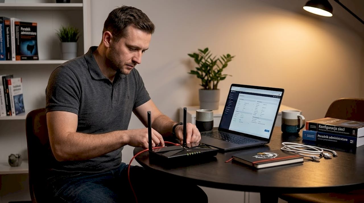 Мужчина в серой рубашке поло за тёмным столом настраивает чёрный роутер с двумя антеннами и красным кабелем, рядом открытый ноутбук с панелью управления, растение в горшке, кружка и стопка книг