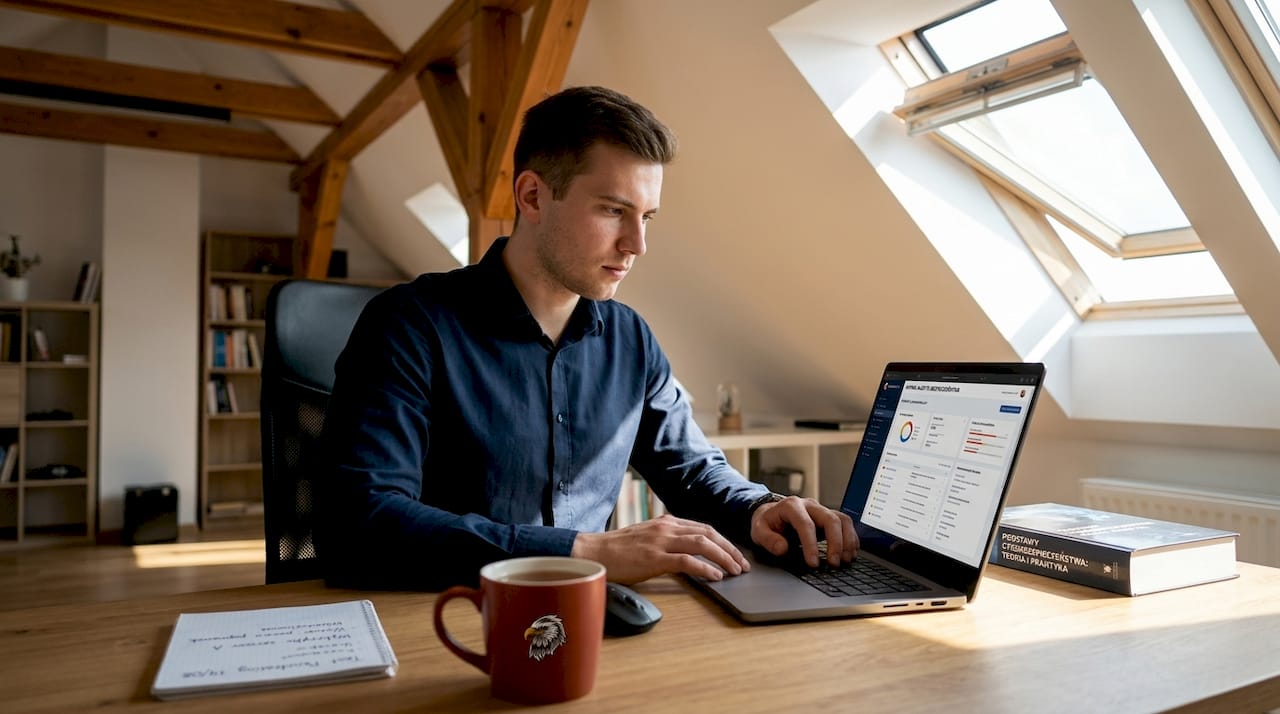 Young man in a navy shirt working on a laptop at a wooden desk in an attic room with a skylight, next to a red mug with an eagle logo, an open notebook and a book on cybersecurity basics, bookshelves in the background.