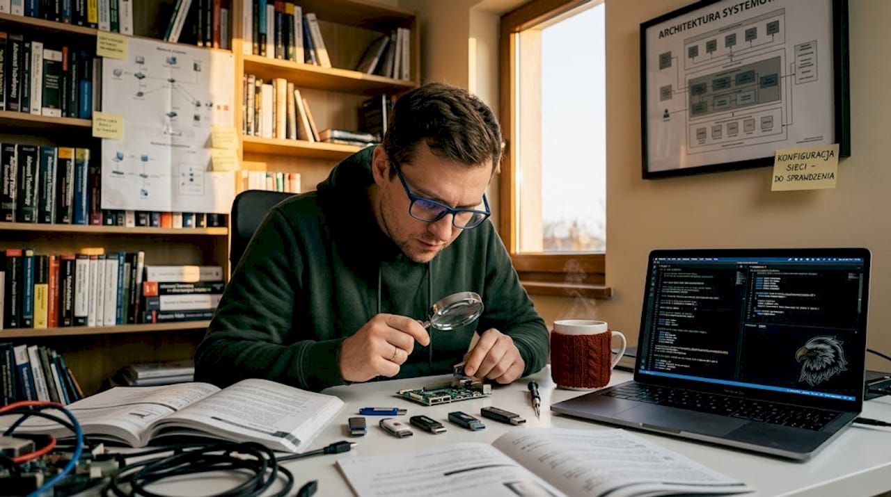 A man in glasses examines a small circuit board with a magnifying glass; a row of USB flash drives on the desk, a laptop showing code and an eagle logo, bookshelves and network diagrams in the background.