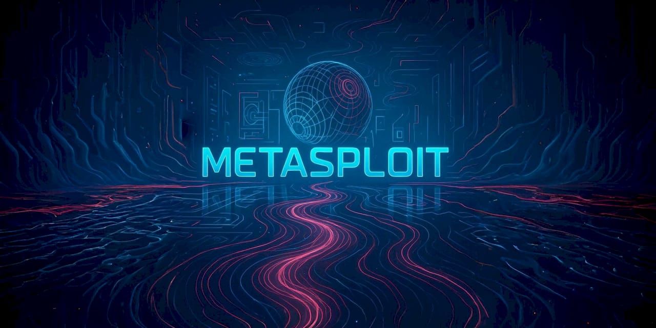 Ciemnoniebieska grafika cyfrowa ze świecącym neonowym napisem METASPLOIT pośrodku, ażurową kulą z siatki nad nim i podłogą z falujących czerwonych i niebieskich linii światła z odbiciem.