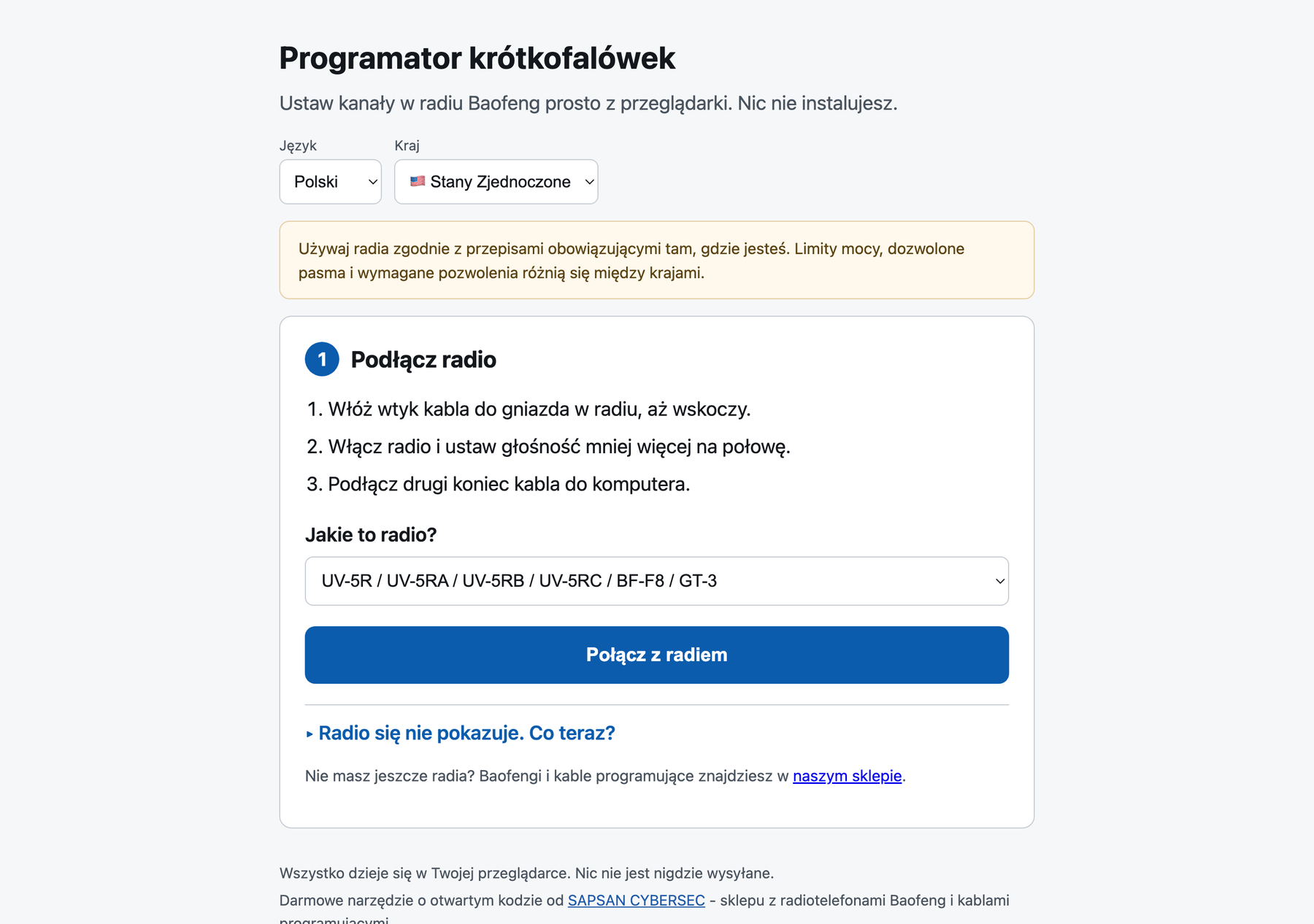 Programator Baofenga w przeglądarce – krok 1: wybór modelu i połączenie radia