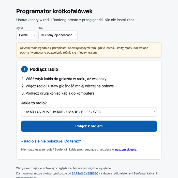 Programator Baofenga w przeglądarce – krok 1: wybór modelu i połączenie radia