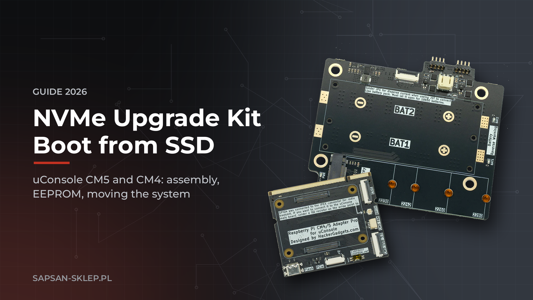 NVMe Battery Board und Adapter Board von HackerGadgets für uConsole auf dunklem Hintergrund, Aufschrift NVMe Upgrade Kit, Boot from SSD