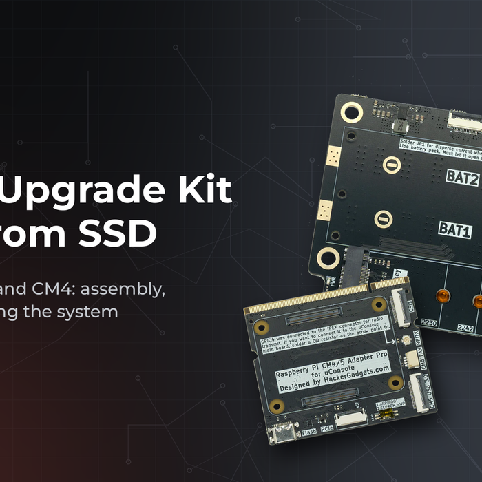 Płytki NVMe Battery Board i Adapter Board od HackerGadgets do uConsole na ciemnym tle, napis NVMe Upgrade Kit, Boot from SSD